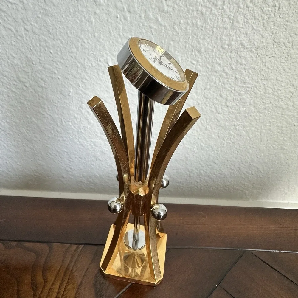 Vintage Verizon Brass Pedestal Quartz Clock 7 Inch MCM Atomic‎ Style Gold Rare